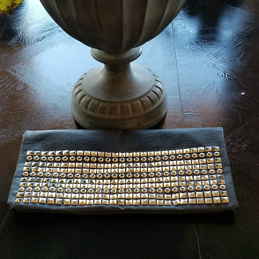 Black Faux Leather Studded  Large Clutch. New
